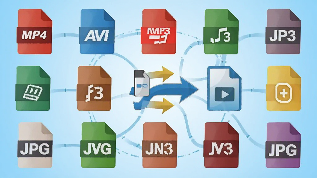 画面中展示多个不同格式的文件图标,如MP4、AVI、MP3、JPG等,它们围绕着一个中心转换箭头排列,箭头指向统一的输出格式图标,背景为干净的浅蓝色渐变,风格扁平化科技感,画质清晰,无多余装饰元素