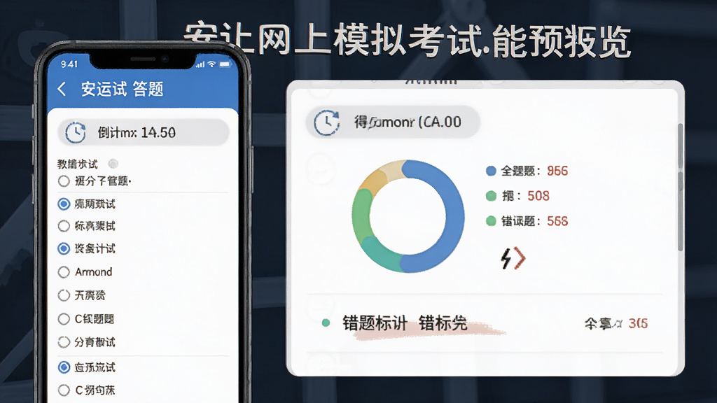 安运网上教育模拟考试功能预览图。主体为手机屏幕显示考试答题界面与成绩分析报告,布局为上下结构,排版清晰;风格为教育考试类界面,细节包括单选题选项、倒计时、得分环形图、错题标记;画质高清,干净,无多余元素