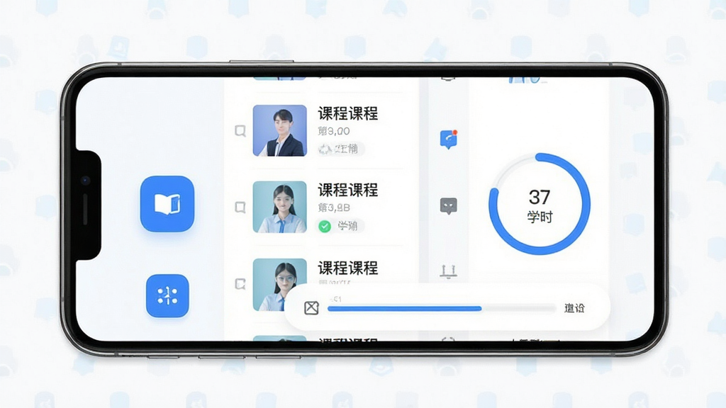 安运网上教育软件主界面预览图。主体为一部智能手机,屏幕显示课程列表与学习进度条,布局简洁清晰,排版居中;风格为现代扁平化UI设计,细节包括蓝色主色调、图标按钮、学时统计环;画质高清,干净,无多余元素