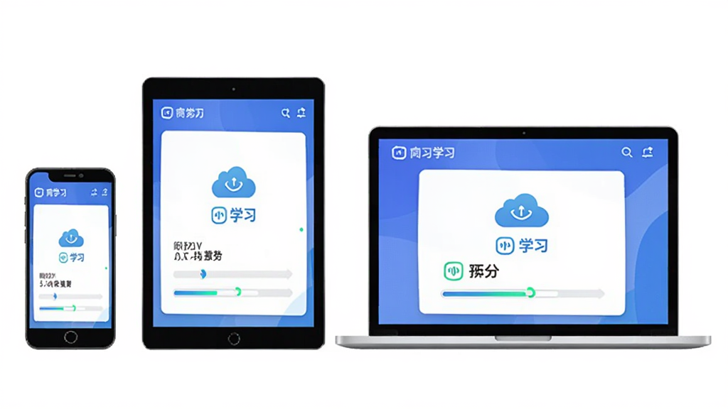 安运网上教育多端同步功能预览图。主体为手机、平板、笔记本电脑三台设备并排展示同一学习界面,布局为横向排列,排版均衡;风格为科技感扁平插画,细节包括同步图标、云朵符号、进度条一致;画质清晰,干净,无多余元素