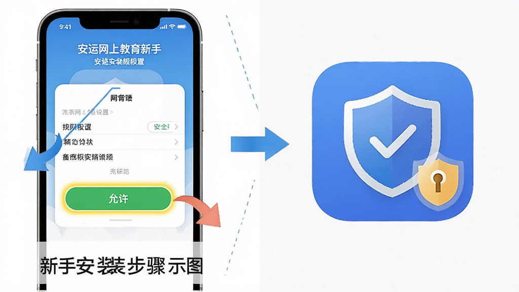 安运网上教育新手安装步骤示意图。主体为手机屏幕展示安装权限设置界面与APP图标,布局为左右对比,排版直观;风格为教程类信息图,细节包括箭头指引、允许按钮高亮、盾牌安全图标;画质清晰,干净,无多余元素