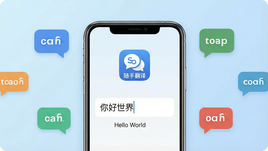 一张展示“随手翻译”手机应用主界面的图片,画面中央是一部现代智能手机,屏幕上清晰显示着“随手翻译”的应用图标和简洁的翻译输入框,输入框内写有“你好世界”字样,下方显示英文翻译结果“Hello World”,背景是柔和的浅蓝色渐变,周围漂浮着多语言气泡图标,整体风格干净清爽,UI设计扁平化,画质清晰,无多余元素。