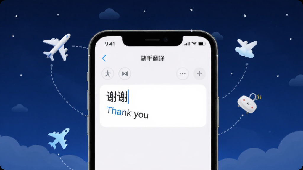 一部手机在飞行模式下打开“随手翻译”应用,屏幕上显示离线翻译功能正在运行,输入框输入中文“谢谢”并成功输出英文“Thank you”,手机周围环绕着飞机、云朵等小图标,背景为深蓝色夜空,画面简洁明了,突出离线可用的特点。