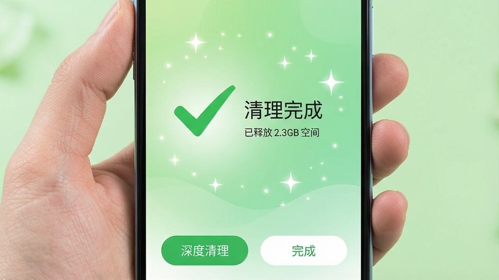 一张展示手心轻捷清理王一键清理完成界面的图片,手机屏幕显示一个大大的绿色对勾,旁边写着“清理完成”,下方显示“已释放 2.3GB 空间”,界面背景是柔和的绿色渐变,周围有星星点点的光效,代表清理后的清爽感,手机下方有“深度清理”和“完成”两个按钮,整体风格轻松愉悦,画质清晰,干净无多余元素,排版简洁