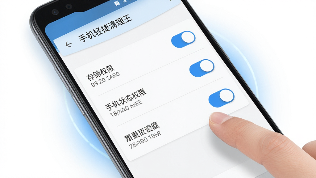 一张手机安全清理操作示意图,画面展示一部安卓手机,手机屏幕显示手心轻捷清理王的权限设置页面,页面上有存储权限、手机状态权限等选项,每个选项旁边有开关按钮,画面中有手指正在点击“允许”按钮,背景是干净的白色,带有淡淡的蓝色光晕,整体风格清晰直观,画质细腻,无多余元素,排版简洁明了