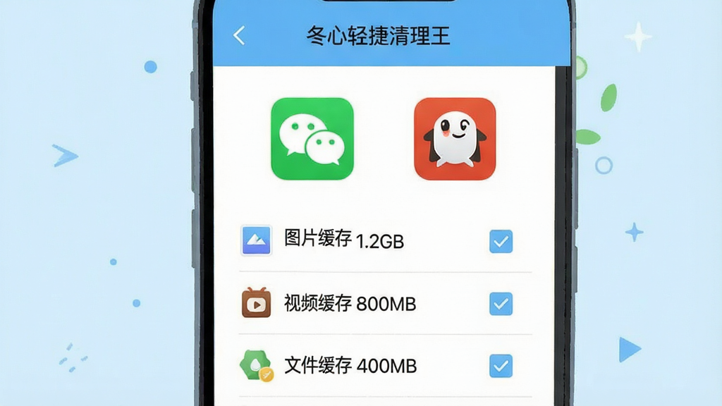一张展示手机社交软件清理界面的插图,画面中一部手机打开着手心轻捷清理王的社交专清页面,页面上显示微信和QQ的图标,图标下方有不同类别的缓存文件分类,如“图片缓存 1.2GB”“视频缓存 800MB”“文件缓存 400MB”,每个分类旁边有勾选框,界面风格清晰明了,背景是白色和浅蓝色搭配,画质干净,无多余元素,排版整齐