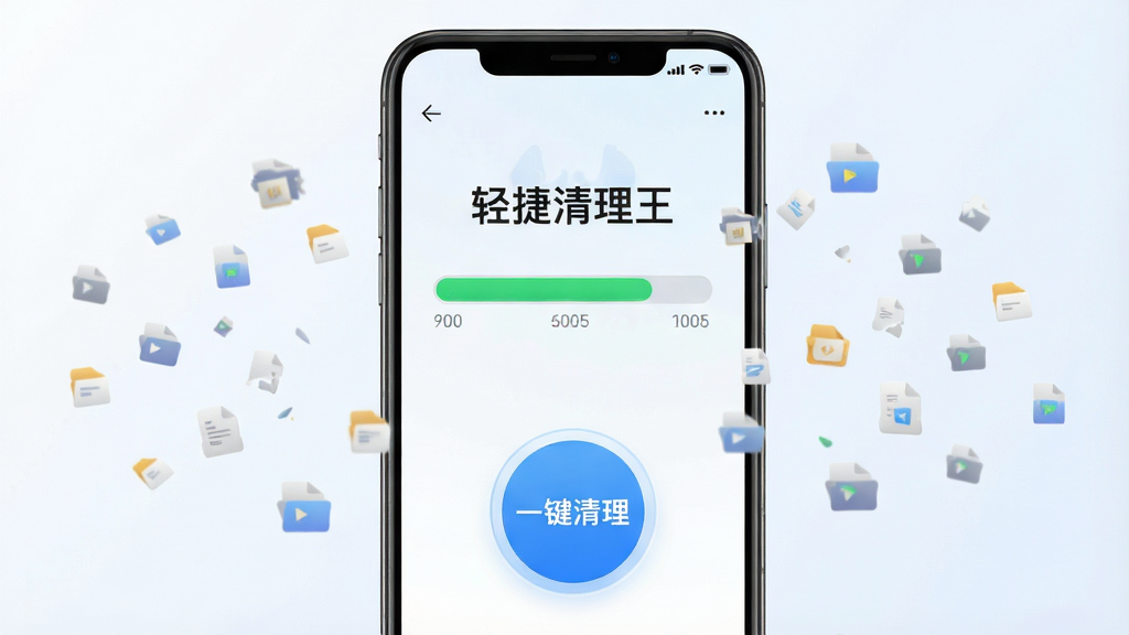 一张展示智能手机屏幕的图片,屏幕中央是手心轻捷清理王的软件界面,界面显示正在扫描手机垃圾,扫描进度条几乎填满,界面下方有一个醒目的圆形清理按钮,按钮上写着“一键清理”,背景是简洁的浅色渐变,手机周围环绕着代表文件碎片的微小图标,整体风格清新明快,画质清晰,干净无多余元素,细节丰富,排版居中,主体突出,风格现代简约