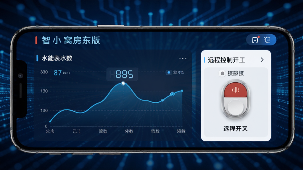 智小窝房东版智能水电表管理功能界面,画面展示手机屏幕上的水电表读数曲线图和远程控制开关,背景是带有科技感的蓝色数据流线条,风格现代科技化,布局左右分栏,细节清晰,画质高清,干净,无多余元素