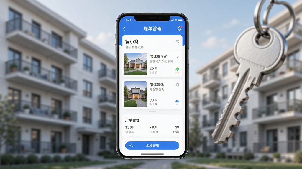 智小窝房东版软件主界面展示,画面中央是一部智能手机,屏幕显示房源列表和账单管理界面,界面设计简洁现代,主色调为蓝白色,背景是模糊的公寓楼和钥匙元素,布局清晰,风格商务简约,细节精致,画质高清,干净,无多余元素