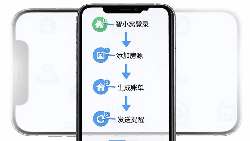 智小窝房东版新手操作流程图,画面以手机屏幕为背景,上面用箭头和数字标注出注册登录、添加房源、生成账单、发送提醒四个步骤,风格简洁明快,布局从上到下依次排列,细节清晰,画质高清,干净,无多余元素