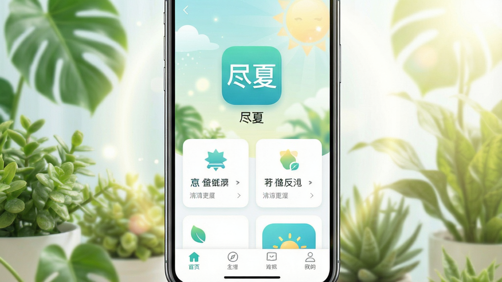 一张手机屏幕展示清爽生活类应用界面的场景图,画面中央是名为