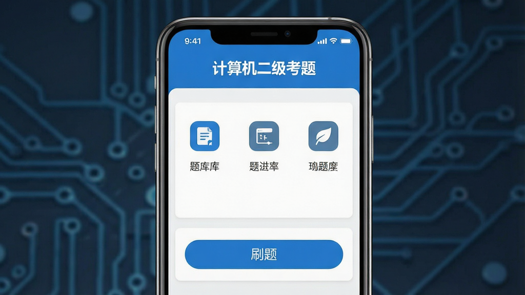 一张展示手机屏幕的清晰图片,屏幕中央显示“计算机二级考题”软件界面,界面中有题库分类图标和刷题按钮,主体为手机,布局居中,排版整齐,风格为现代简约科技风,细节包括蓝色主题色、清晰文字、扁平化图标,画质高清,干净,无多余元素