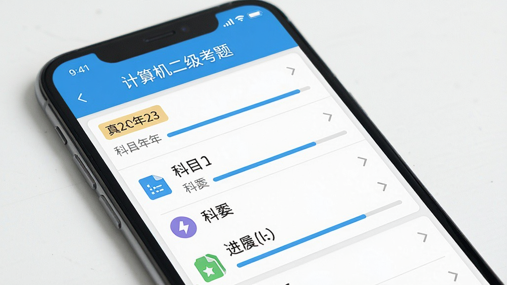 一张展示“计算机二级考题”软件题库列表界面的图片,主体为手机屏幕,布局为列表式排列,排版清晰,风格为教育学习类应用,细节包括真题年份标签、科目分类图标、进度条,画质高清,干净,无多余元素