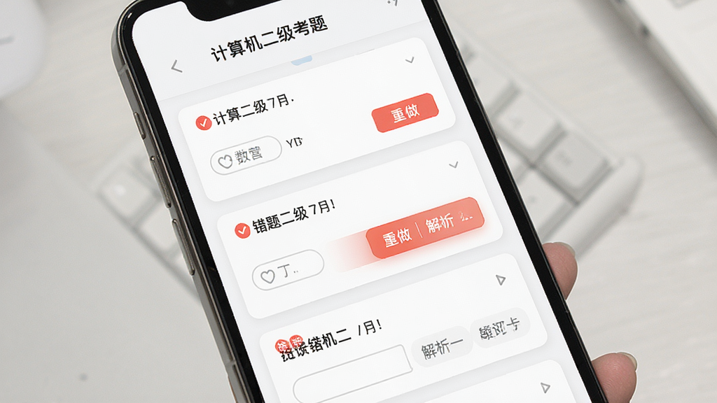 一张展示“计算机二级考题”错题本功能界面的图片,主体为手机屏幕,布局为卡片式错题列表,排版简洁,风格为学习工具类应用,细节包括红色错题标记、重做按钮、解析入口,画质高清,干净,无多余元素
