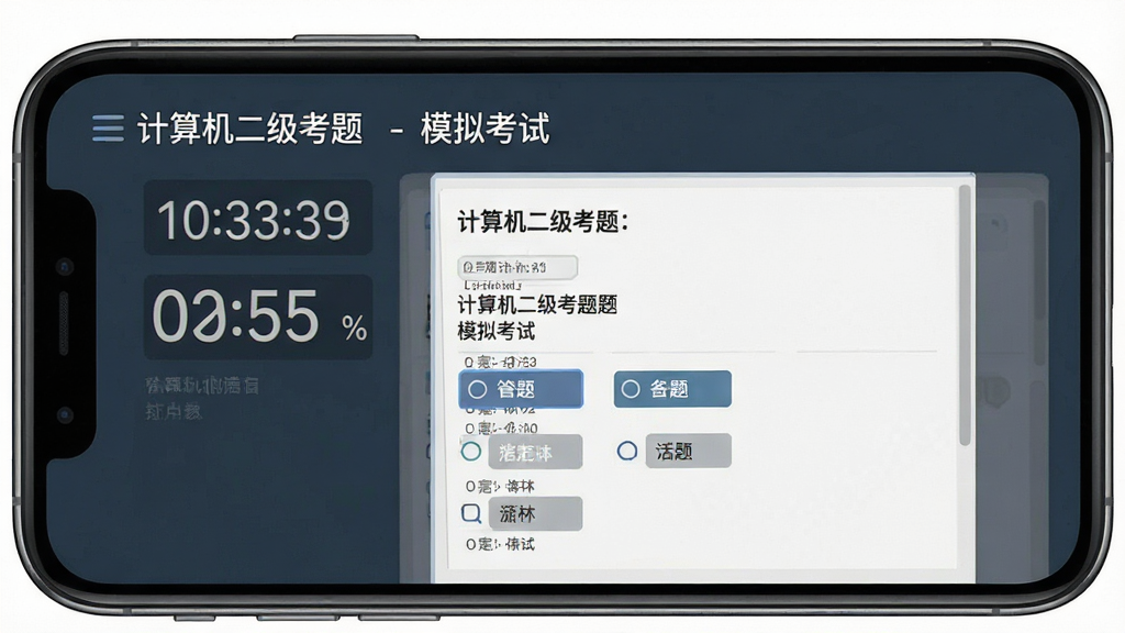 一张展示“计算机二级考题”模拟考试界面的图片,主体为手机屏幕显示倒计时和答题卡,布局为考试模式,排版规整,风格为严肃考试界面,细节包括计时器、题目区域、选项按钮,画质高清,干净,无多余元素