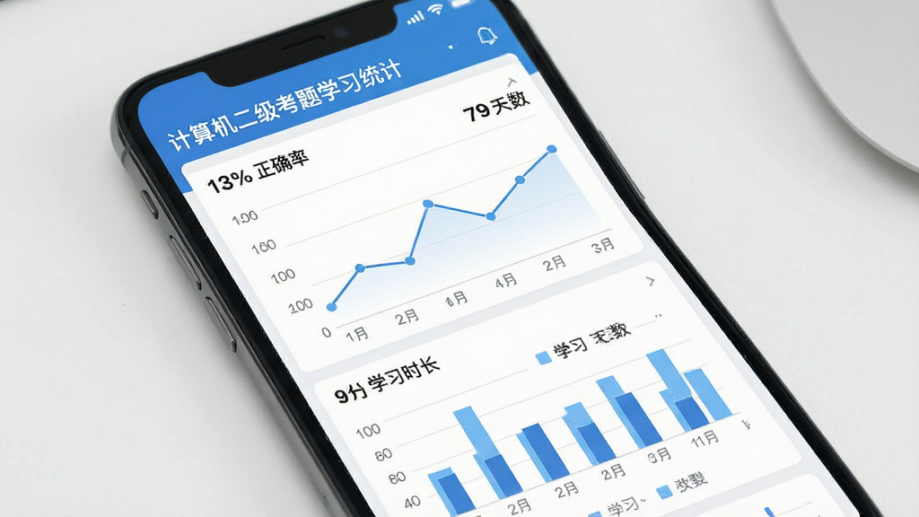 一张展示“计算机二级考题”学习统计界面的图片,主体为手机屏幕显示折线图和柱状图,布局为数据可视化面板,排版清晰,风格为现代数据仪表盘,细节包括正确率百分比、刷题天数、学习时长,画质高清,干净,无多余元素