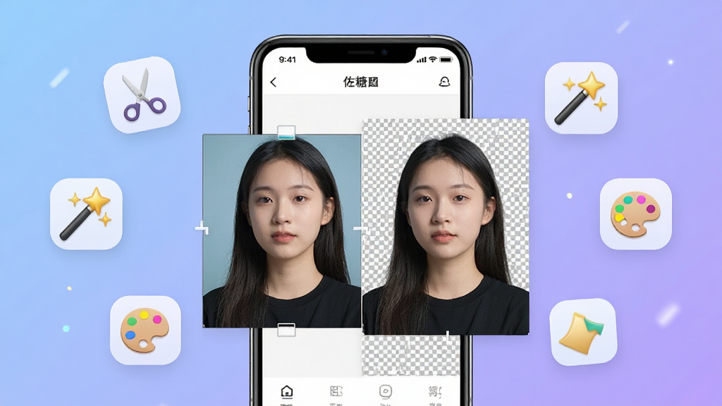 一张展示佐糖软件核心功能的合成图片,画面中央是智能手机屏幕,屏幕上显示佐糖APP界面,界面中有抠图前后对比效果,左侧是原图人物照片,右侧是去除背景后的透明底人物,周围漂浮着剪刀、魔法棒、调色盘等修图元素图标,背景为柔和的蓝紫色渐变,风格简洁现代科技感,细节清晰,画质高清,干净,无多余元素