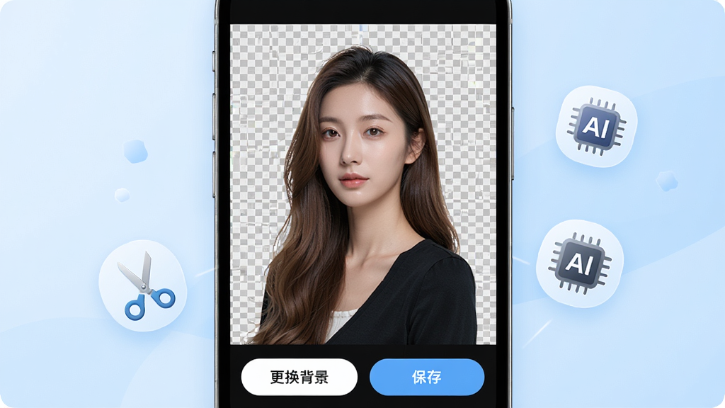 一张佐糖AI智能抠图的界面展示图,画面中手机屏幕显示一位长发女性的照片,头发边缘被精细抠出,背景已变为透明网格,屏幕下方有“更换背景”和“保存”按钮,旁边漂浮着剪刀和AI芯片图标,背景为浅蓝色渐变,风格清新简洁,细节清晰,画质高清,干净,无多余元素