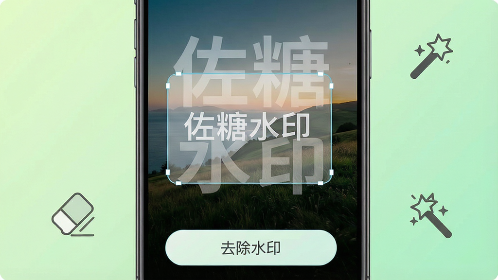 一张佐糖去水印功能的操作示意图,手机屏幕显示一张带有半透明水印的风景照片,水印区域被选中,下方有“去除水印”按钮,处理后水印消失背景自然,周围有橡皮擦和魔法棒图标,背景为浅绿色渐变,风格简洁明快,细节清晰,画质高清,干净,无多余元素