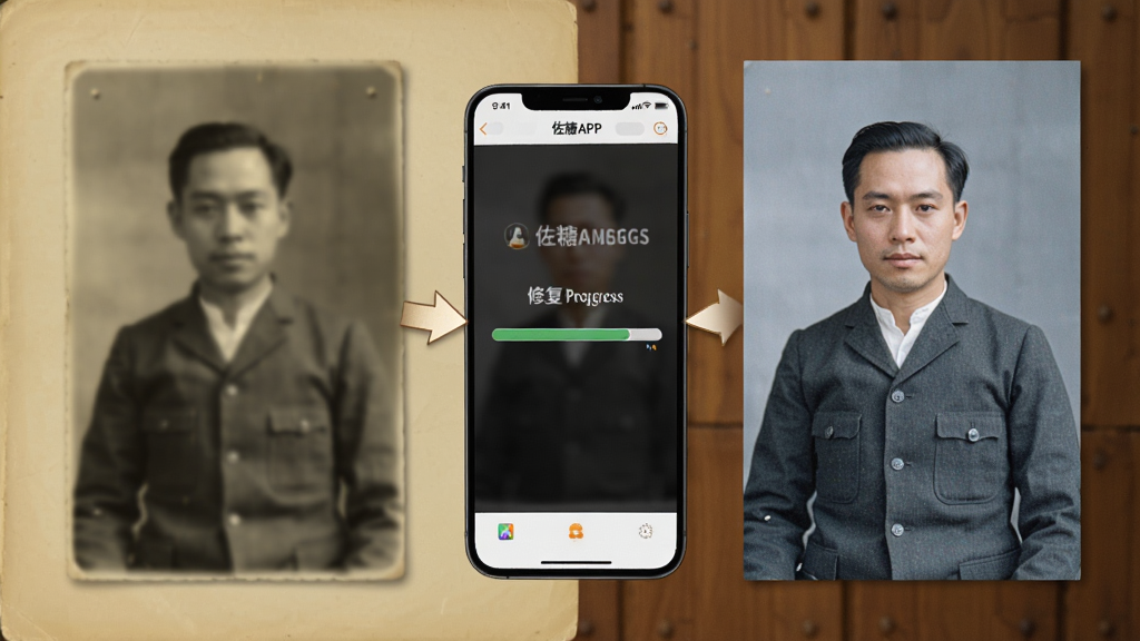 一张佐糖老照片修复功能的对比展示图,左侧是一张泛黄模糊的黑白老照片,右侧是修复后清晰彩色的同款照片,中间有箭头连接,手机屏幕显示佐糖APP的修复进度条,背景为暖色调复古风格,细节清晰,画质高清,干净,无多余元素
