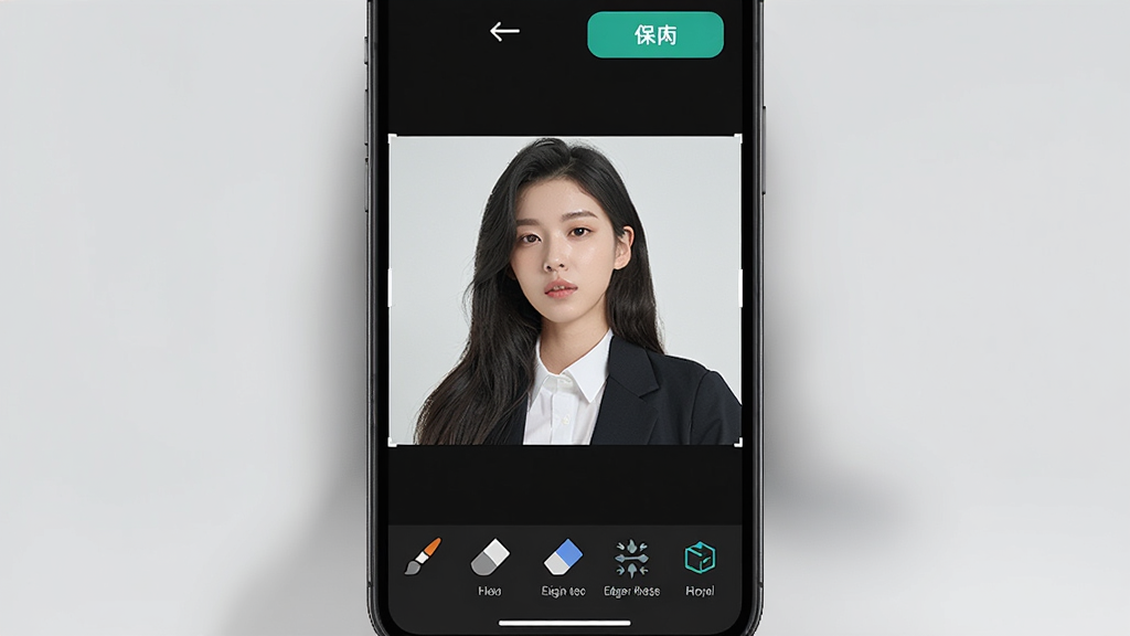 一张佐糖APP在手机上的操作界面截图,屏幕显示抠图编辑页面,底部有画笔、橡皮擦、边缘调整等工具栏,顶部有撤销和保存按钮,背景为深色模式,风格科技感,细节清晰,画质高清,干净,无多余元素
