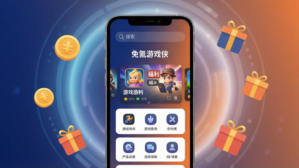 画面中央放置一部智能手机,手机屏幕上显示“免氪游戏侠”应用的主界面,界面采用深蓝与橙色渐变配色,顶部有搜索栏,中部排列着游戏福利卡片与工具图标,背景为柔和的科技感光晕,周围漂浮着金币与礼包盒的扁平化图标,整体风格简洁现代,布局清晰,画质高清,干净无多余元素