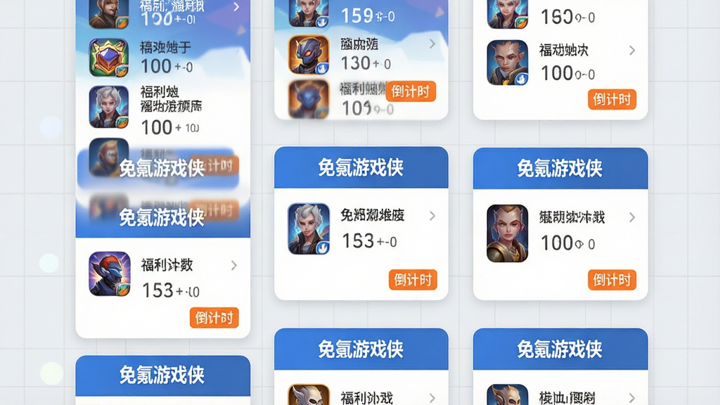 一张信息聚合界面的概念图,画面中多个游戏礼包卡片以瀑布流形式排列,每张卡片上方标注“免氪游戏侠”字样,卡片内含游戏图标、福利名称与倒计时标签,背景为浅灰色网格,风格扁平化,色彩以蓝、橙、白为主,布局整齐,画质清晰,干净简洁