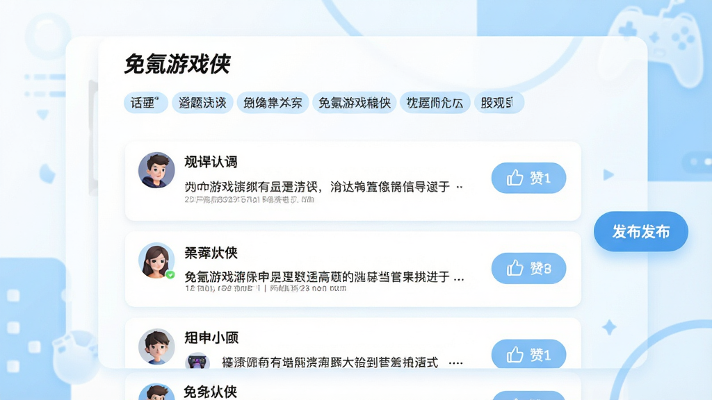 一张社区交流界面的概念图,画面中显示“免氪游戏侠”社区板块,顶部有话题标签栏,中部为帖子列表,每条帖子包含用户头像、昵称、文字内容与点赞按钮,右侧有悬浮发布按钮,背景为白色与浅蓝色搭配,风格清新,布局合理,画质高清,干净无杂乱元素