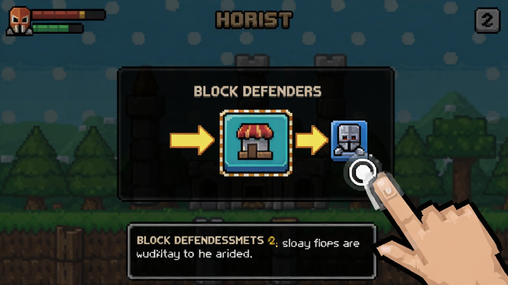 Block Defenders游戏新手引导界面截图,主体是游戏内的教学提示弹窗和手指点击引导动画,布局为手机竖屏全屏,排版上弹窗位于屏幕中央,风格为像素游戏UI风格,细节包括高亮的建造按钮、指向性的箭头、半透明的黑色遮罩、底部文字说明框,画质清晰干净无多余元素