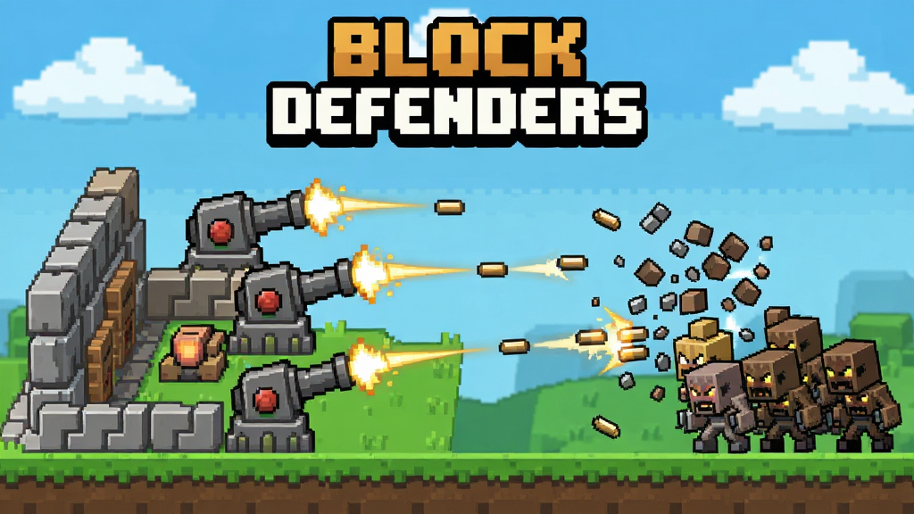一幅展示Block Defenders游戏核心全貌的宣传图,主体是方块风格的防御阵地与射击炮塔,布局为横向宽幅构图,左侧是玩家建造的方块城墙与炮台,右侧是成群结队的方块敌人正在进攻,排版上游戏标题Block Defenders位于画面正上方居中,风格为像素方块卡通风格,细节包括炮塔发射的子弹轨迹、敌人被击碎时的方块碎片、背景中的蓝天与草地,画质清晰干净无多余元素