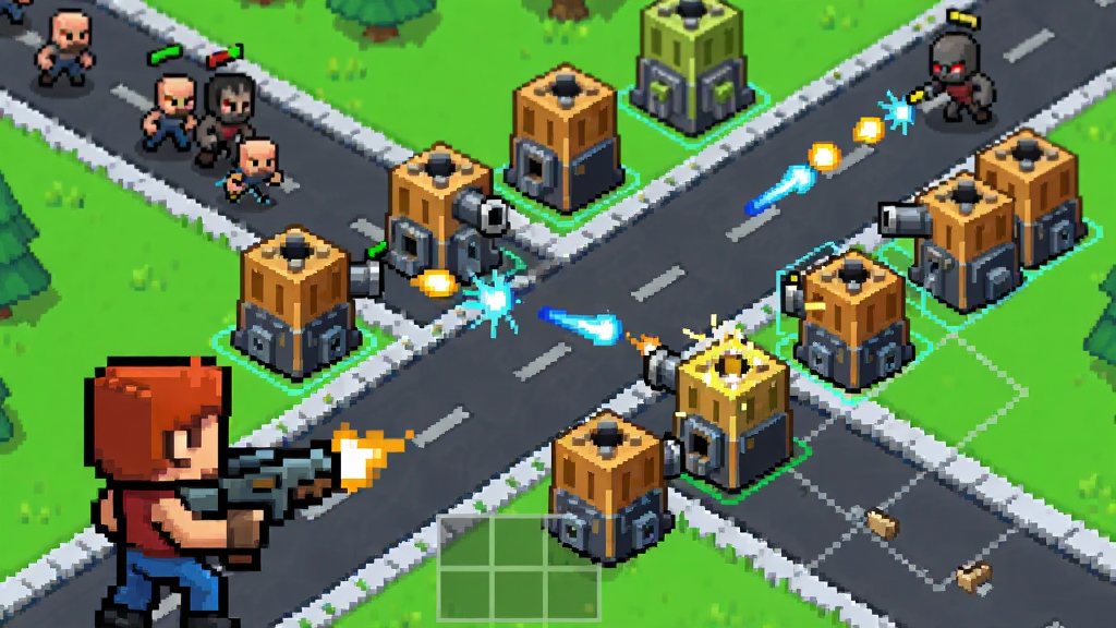 Block Defenders游戏中玩家同时操作防御塔建造和手动射击的场景,主体是手持武器的角色与排列整齐的方块炮塔,布局为斜45度俯视角,排版上炮塔分布在道路两侧,风格为明亮像素卡通,细节包括敌人从远处涌来、炮塔发射光弹、地面上有建造网格提示,画质清晰干净无多余元素