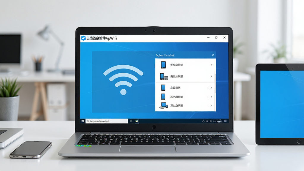 一台Windows笔记本电脑放置在整洁桌面上,屏幕中显示“无线路由软件ApWiFi”的操作界面,界面中有无线信号图标和连接设备列表,旁边摆放着手机和平板电脑,整体为明亮办公风格,布局居中,画面干净,无多余元素,高清画质