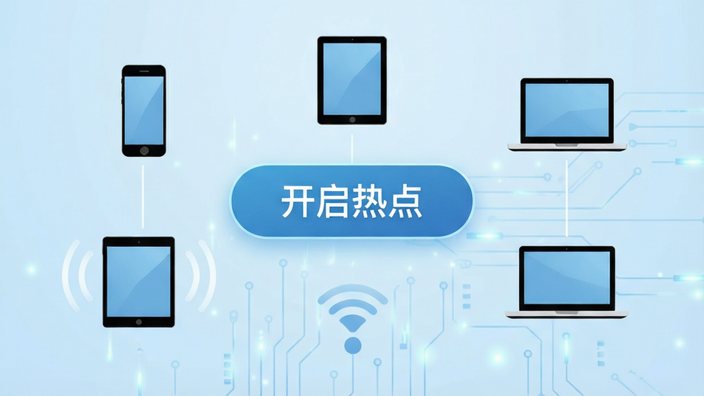 软件主界面中央有一个醒目的“开启热点”按钮,周围环绕着手机、平板、笔记本等设备图标,背景为淡蓝色科技风格,布局简洁,画面干净,高清画质