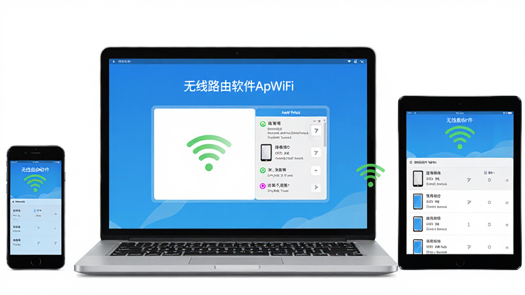 一台笔记本电脑屏幕显示“无线路由软件ApWiFi”运行正常,旁边有手机和平板成功连接WiFi,界面中有绿色信号图标和已连接设备列表,整体风格清爽,布局居中,干净无多余元素,高清画质