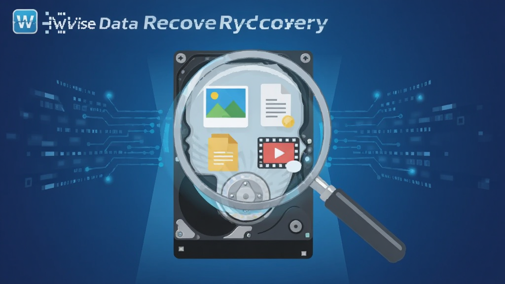 一张以 Wise Data Recovery 为主题的科技感插画,画面中央是一块被放大镜照射的硬盘,放大镜内部显示正在被扫描恢复的照片、文档和视频图标,背景为深蓝色渐变,四周环绕数据流线条,风格为扁平化科技插画,细节清晰,色彩干净,无多余元素,画质高清。