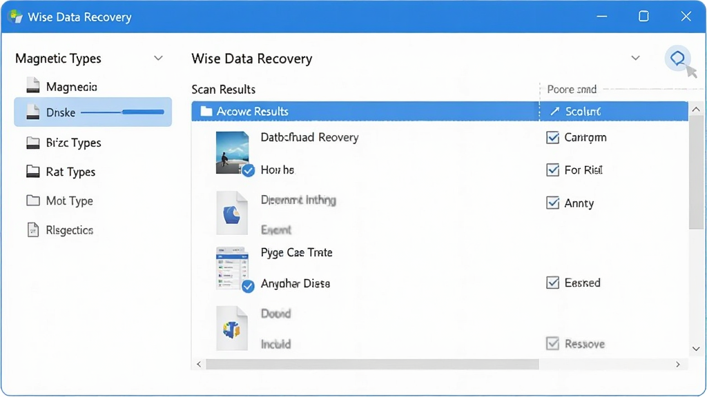 一张展示 Wise Data Recovery 软件界面的全景图,主体是电脑屏幕中打开的软件窗口,左侧为磁盘与文件类型选择区,右侧为扫描结果文件列表,界面以白色和蓝色为主色调,布局清晰整洁,风格为现代科技简约风,细节包含进度条、文件缩略图、勾选框等元素,画面干净明亮,无多余装饰,画质高清,适合软件下载站展示。
