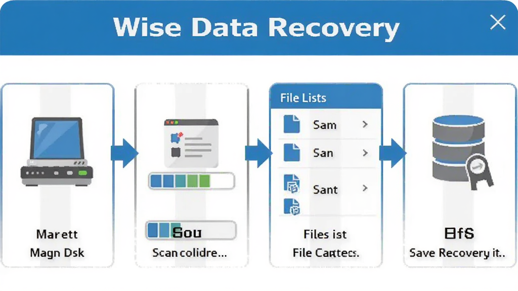 一张展示 Wise Data Recovery 操作步骤的流程图风格图片,画面从左到右依次为选择磁盘、扫描进度、文件列表、保存恢复四个步骤,每个步骤配有简洁的图标和文字说明,背景为白色,风格为扁平化信息图,细节清晰,色彩以蓝色和灰色为主,画面干净,无多余元素,画质高清。
