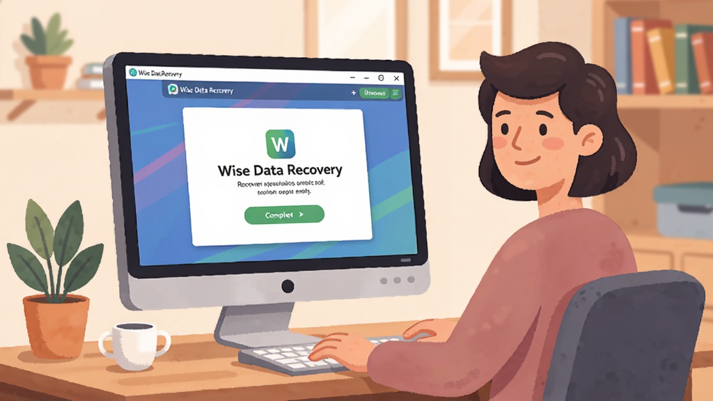 一张表现 Wise Data Recovery 免费易用特点的插画,主体是一位普通用户坐在电脑前,屏幕上显示 Wise Data Recovery 的恢复完成界面,用户表情轻松,背景为温馨的家庭书房,风格为扁平化人物插画,细节包含电脑、桌面、绿植等元素,色彩柔和,画面干净,画质高清,无多余元素。