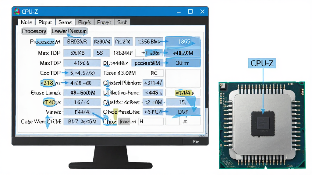 CPU-Z软件界面展示图,画面主体为一台显示器屏幕,屏幕中打开CPU-Z处理器信息标签页,清晰显示处理器名称、代号、最大TDP、核心电压、倍频、外频、缓存等参数,屏幕旁边放置一颗CPU实物芯片作为参照,布局为居中构图,风格为科技蓝调配色、扁平化界面风格,细节包含参数高亮标注、芯片引脚清晰可见,画质高清、干净、无多余元素