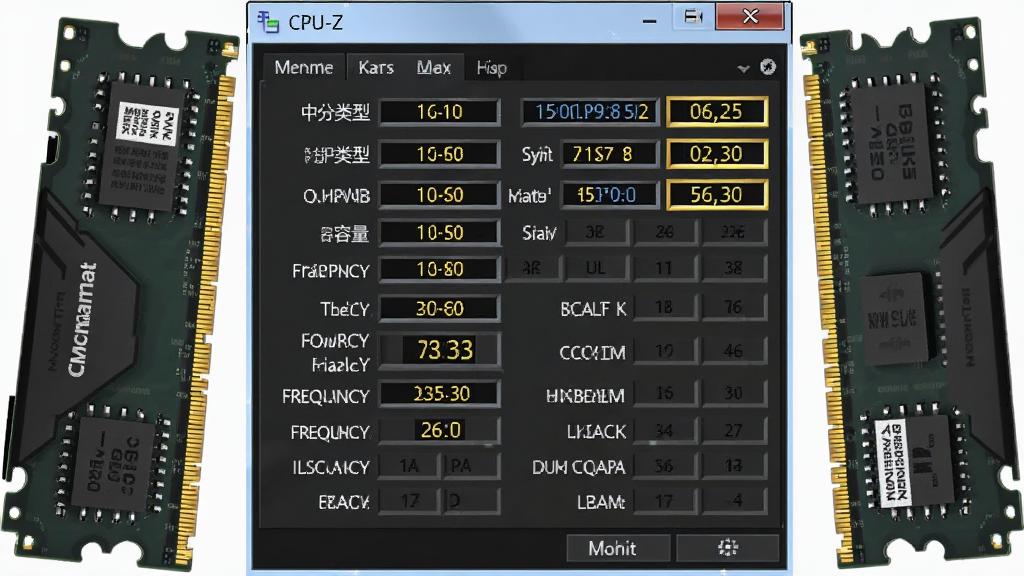 CPU-Z内存信息界面展示图,画面中央为软件内存选项卡截图,显示内存类型、容量、通道数、频率、时序等数据,画面两侧各放置一根内存条实物,布局为左右对称结构、软件界面居中,风格为深色科技风、界面信息清晰可辨,细节包含内存金手指、颗粒标识、频率数值高亮,画质高清、干净、无多余元素