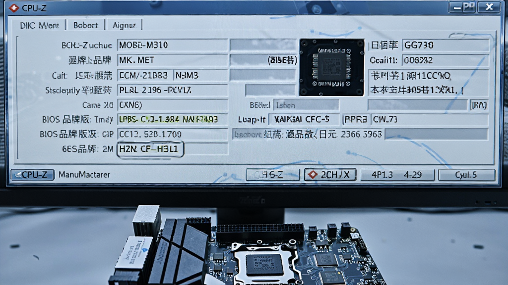 CPU-Z主板信息界面展示图,画面为电脑屏幕特写,屏幕中显示CPU-Z主板选项卡内容,包含主板制造商、型号、芯片组、BIOS品牌版本日期等信息,屏幕下方摆放一块主板实物,布局为上下结构、屏幕占据画面上方三分之二,风格为写实风格、冷色调,细节包含主板电路纹理、BIOS信息高亮,画质高清、干净、无多余元素