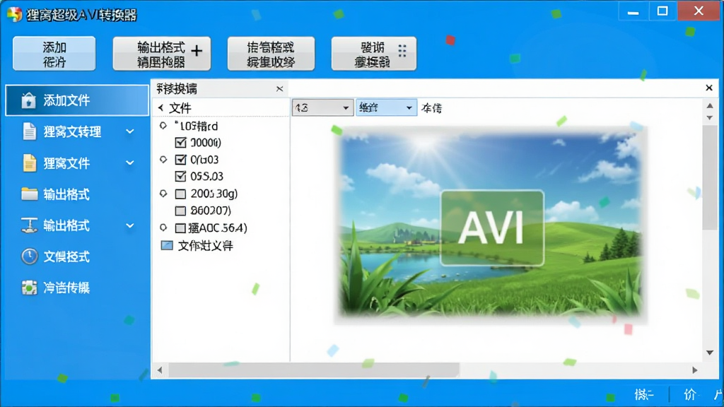 软件主界面截图,画面中央是狸窝超级AVI转换器的窗口,左侧为功能导航栏,右侧为文件列表与预览区域,顶部有添加文件、输出格式等按钮,界面风格简洁明亮,蓝色主色调,文字清晰显示“狸窝超级AVI转换器”软件名称,整体布局干净整洁,无多余元素,画质清晰,适合作为软件介绍配图