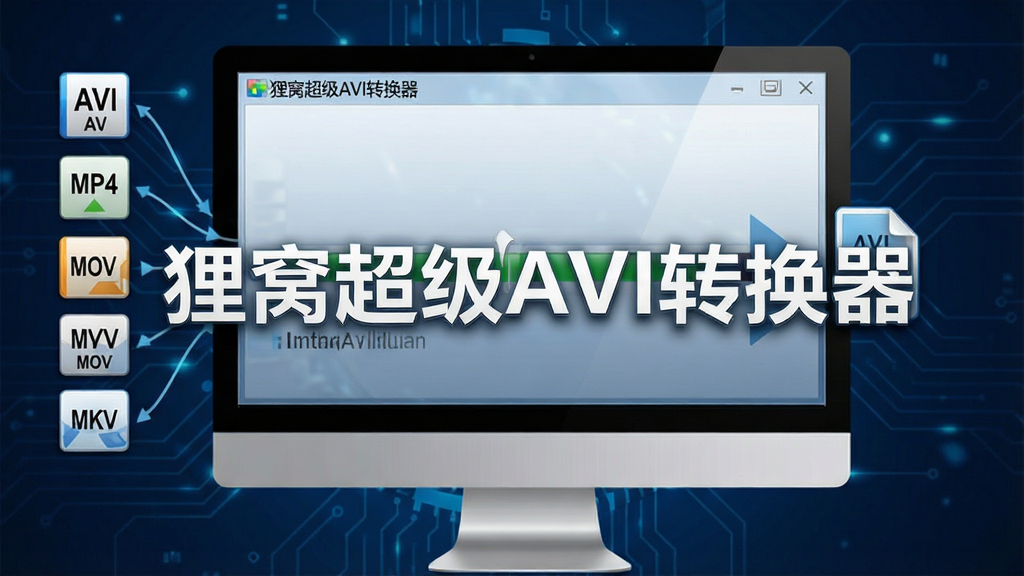 软件功能展示图,画面中电脑屏幕上显示狸窝超级AVI转换器的转换进度条,左侧是多种视频格式图标(AVI、MP4、MOV、MKV等)汇聚向右侧一个AVI文件图标,背景为深蓝色科技感风格,画面中央用显眼的白色字体标注“狸窝超级AVI转换器”,整体布局对称,细节清晰,画质干净,无多余装饰元素