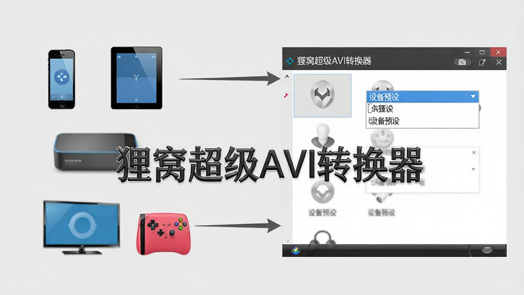 设备适配示意图,画面中狸窝超级AVI转换器界面显示多个设备图标(手机、平板、电视、游戏机),箭头指向软件界面中的“设备预设”下拉菜单,背景为浅灰色,风格简洁,画面中央有“狸窝超级AVI转换器”文字标识,布局清晰,画质干净,无多余元素