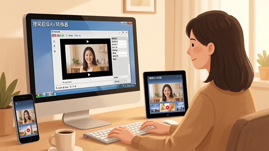软件使用场景示意图,画面中一位用户坐在电脑前,屏幕上显示狸窝超级AVI转换器正在转换视频,旁边有手机和平板设备展示转换后的视频播放效果,整体风格温馨,色调柔和,画面清晰,软件名称“狸窝超级AVI转换器”在屏幕角落清晰可见,布局自然,无多余元素