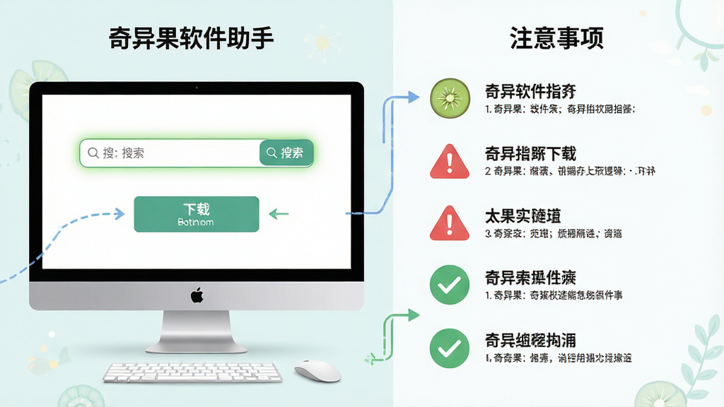 奇异果软件助手新手操作指引示意图,画面分为左右两部分,左侧为电脑端界面展示搜索和下载按钮位置,右侧为注意事项列表以图标形式呈现,整体布局为对比式信息图,风格为清新扁平化设计,细节包括搜索框高亮、下载按钮、警告图标、对勾图标,画质高清,画面干净,无多余元素