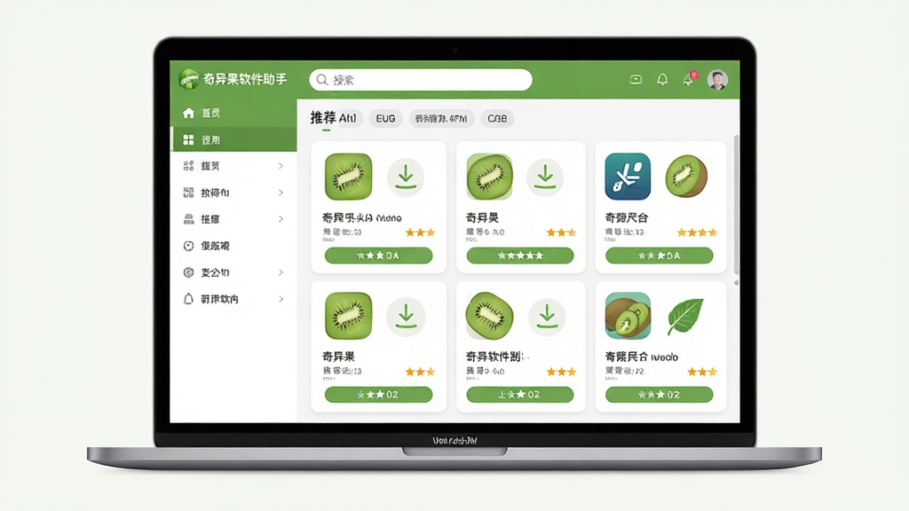 奇异果软件助手主界面展示,画面中央是一台笔记本电脑屏幕,屏幕上显示奇异果软件助手的应用列表页面,左侧为分类导航栏,右侧为软件卡片网格布局,界面顶部有搜索框和推荐标签,整体配色以清新绿色和白色为主,布局整洁对称,风格为扁平化UI设计,细节包括软件图标、下载按钮、评分星级等元素,画质高清,画面干净,无多余元素