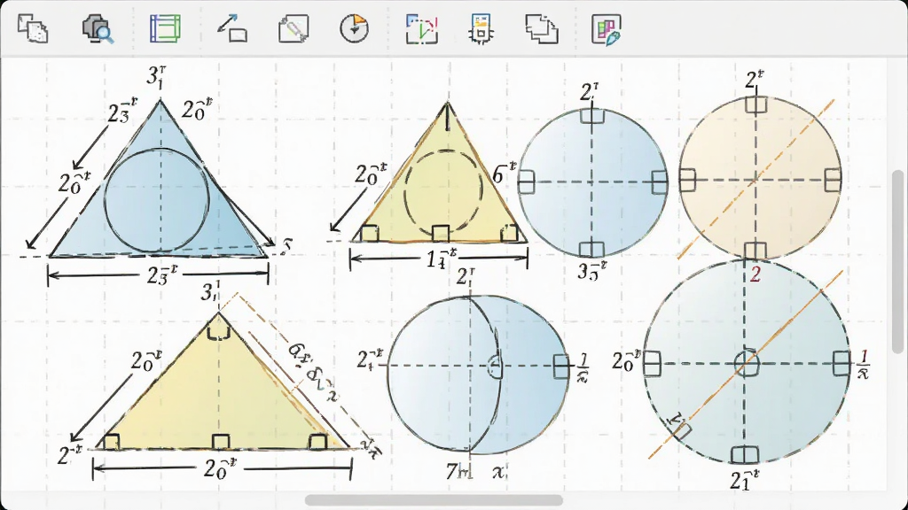 中学数学绘图专家几何绘图功能界面,主体为多个几何图形如三角形、圆形在画布上组合,布局为工具栏在顶部,排版图形错落有致,风格为简洁教学风,细节包含角度标注、边长显示、辅助线,画质高清,干净,无多余元素