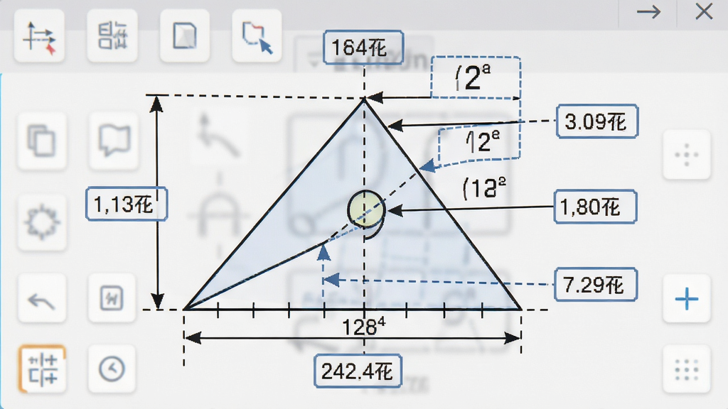 中学数学绘图专家测量标注功能特写,主体为几何图形上显示长度和角度数值标签,布局为图形居中,排版标注文字清晰可见,风格为教育软件界面风格,细节包含测量线、数值框、辅助虚线,画质高清,干净,无多余元素