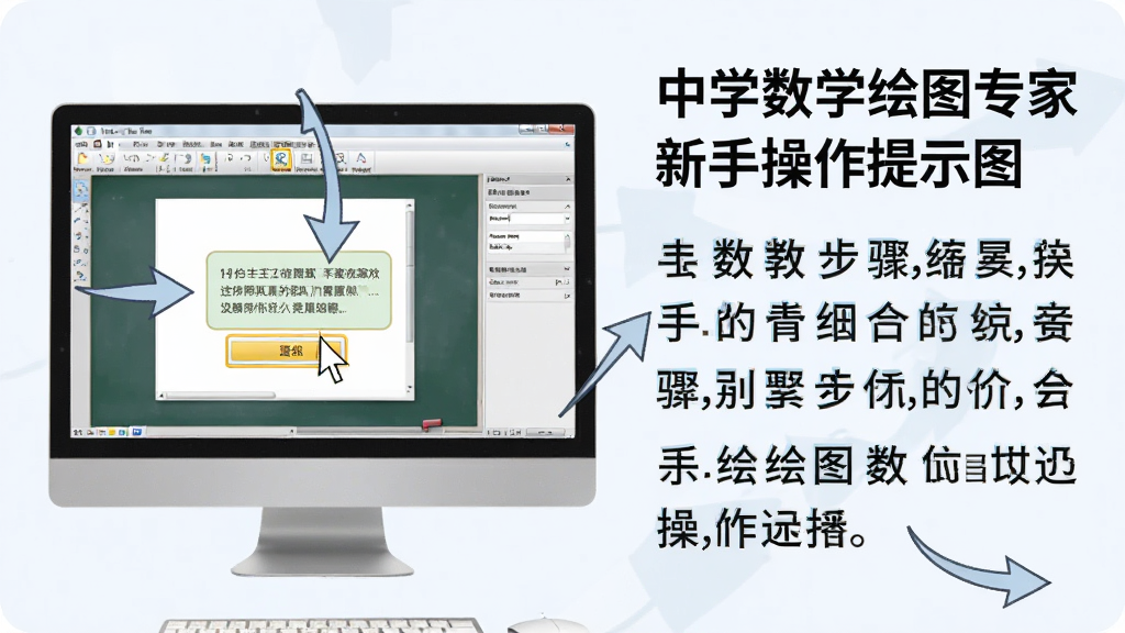 中学数学绘图专家新手操作提示图,主体为电脑屏幕上显示软件界面并配有操作步骤箭头标注,布局为图文结合,排版左侧为界面截图右侧为文字说明,风格为教程指引风格,细节包含鼠标指针、高亮按钮、提示框,画质清晰,干净,无多余元素